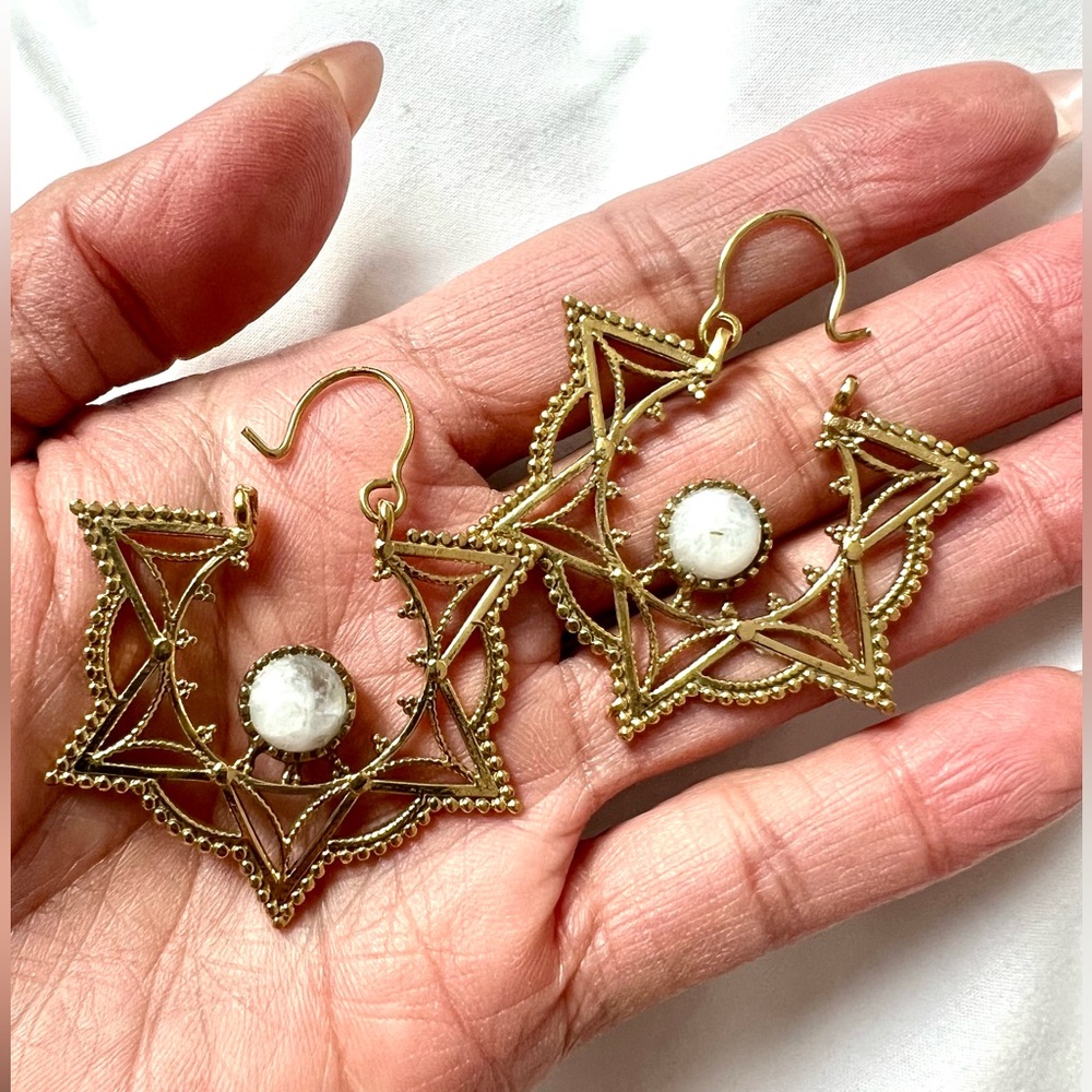 OOAK Brass Gold Star Rainbow Flash Moonstone Earrings